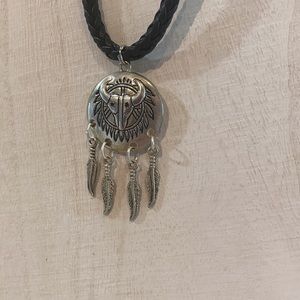 Braided Necklace with Cow Skull and Feather Charm